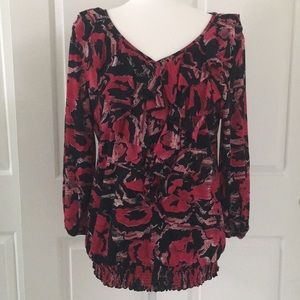 Style & Co Blouse Red Black Pink Ruffle Top Size L